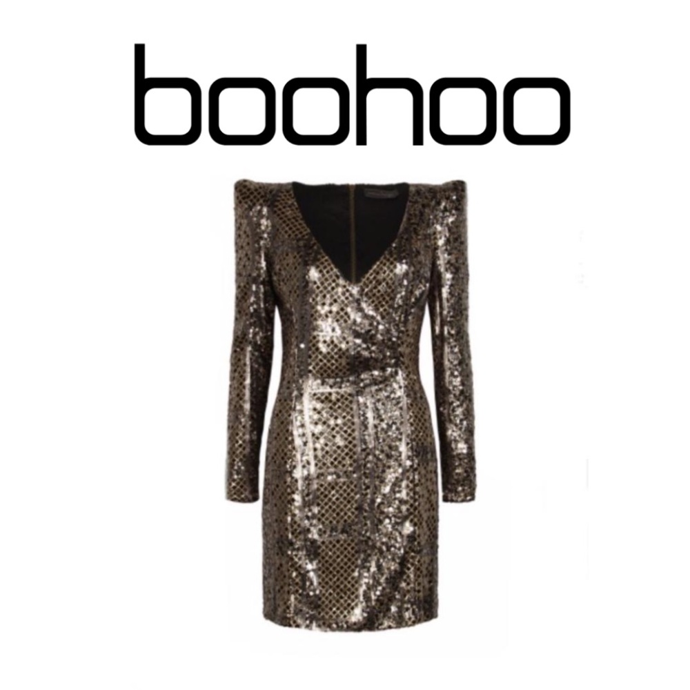 Boohoo| Gold Sequin Deep V- Neck Mini Dress